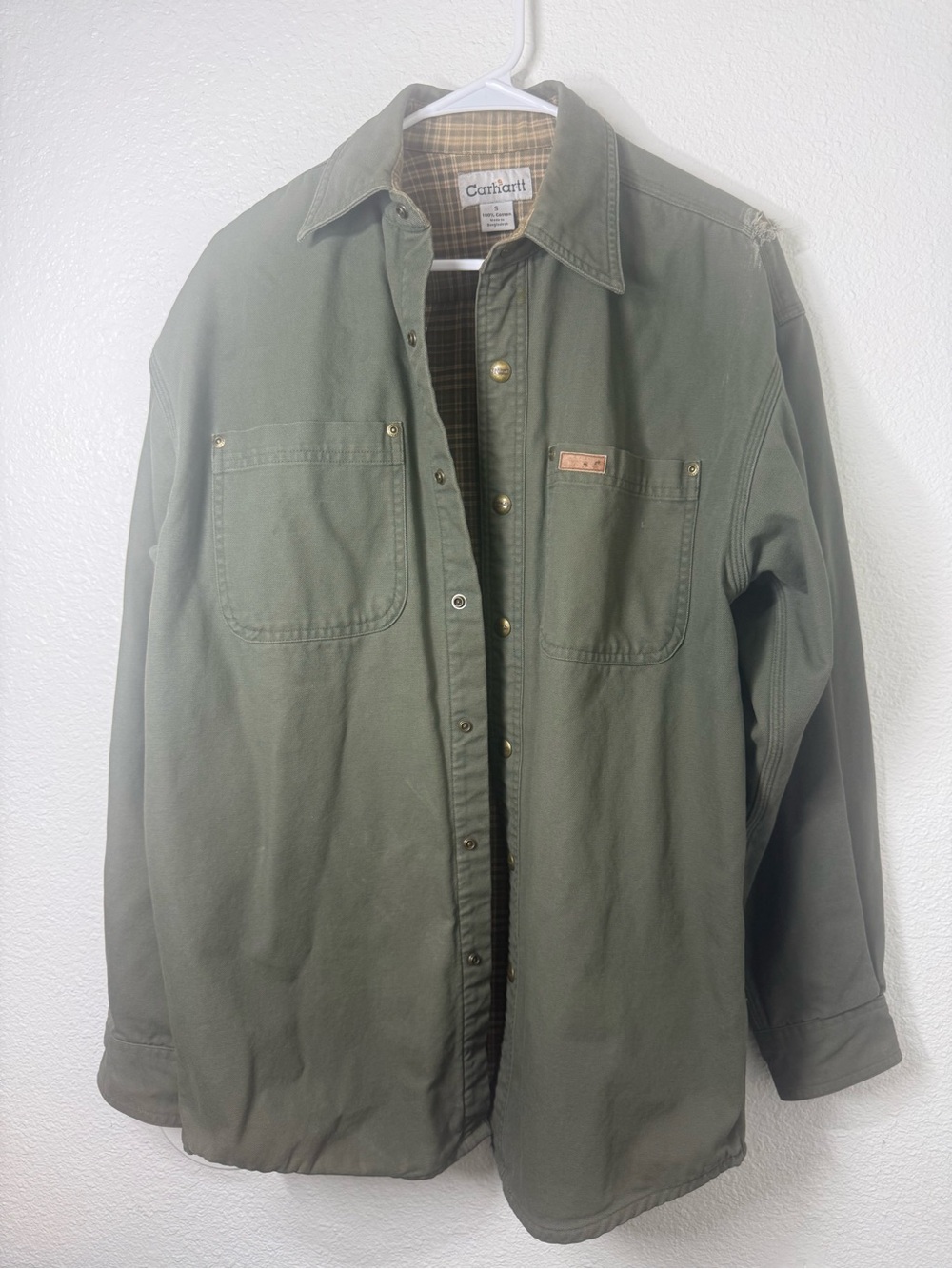 Carhartt Men's Green Canvas Flannel Lined Shirt Jacket featuring snap buttons